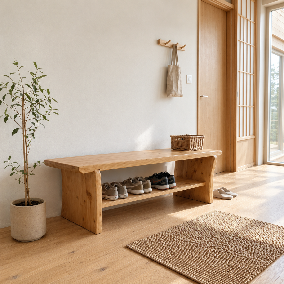 Live Edge Wooden Entryway Bench – Solid Wood Hallway Bench with Shelf