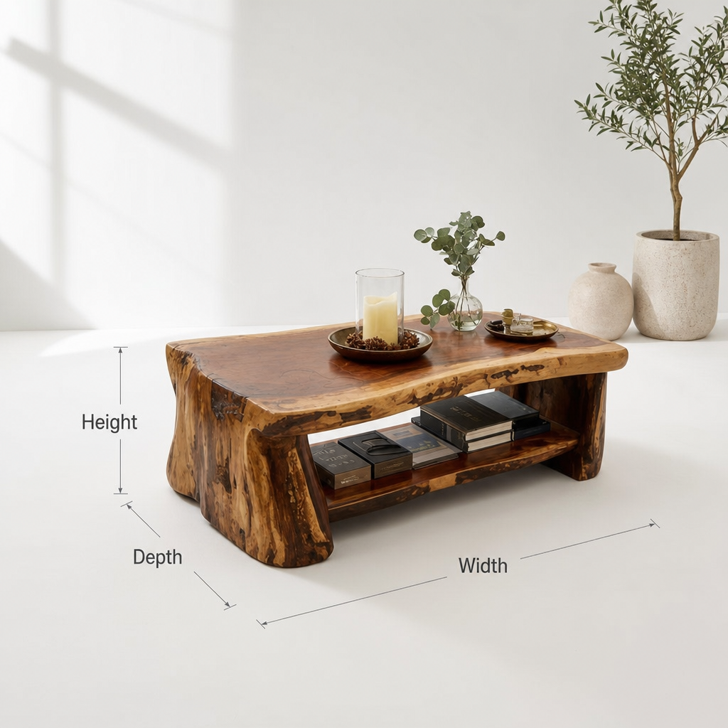 Live Edge Coffee Table – Handmade Solid Wood Center Table with Storage Shelf