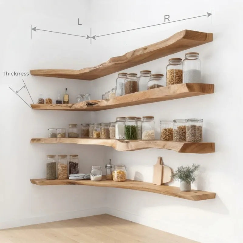 Live Edge Corner Floating Shelf - Handcrafted Solid Wood L-Shape Wall Shelf