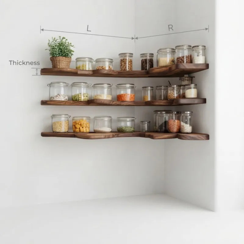 Live Edge Corner Floating Shelf - Handcrafted Solid Wood L-Shape Wall Shelf with Integrated LED