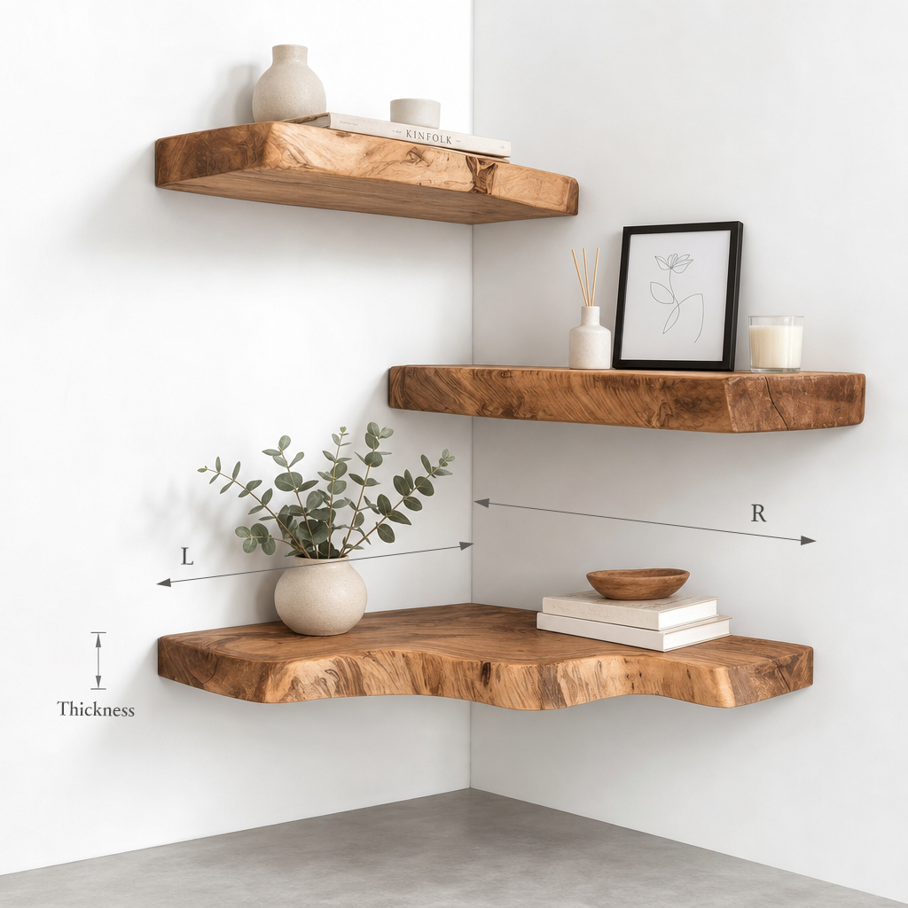Live Edge Corner Floating Shelves – Handmade Solid Wood Wall Shelves