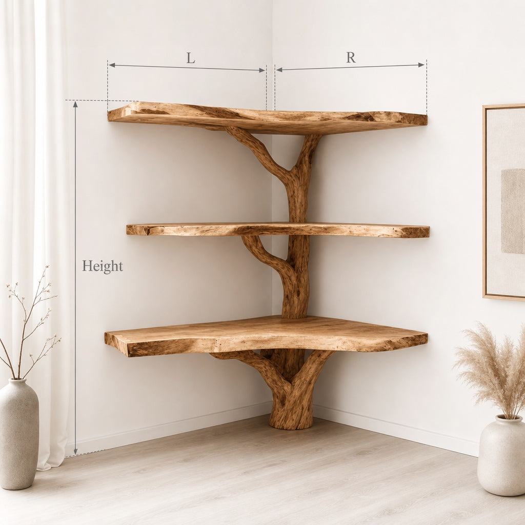 Live Edge Corner Tree Bookshelf – Rustic Handmade Wooden Wall Shelf Unit