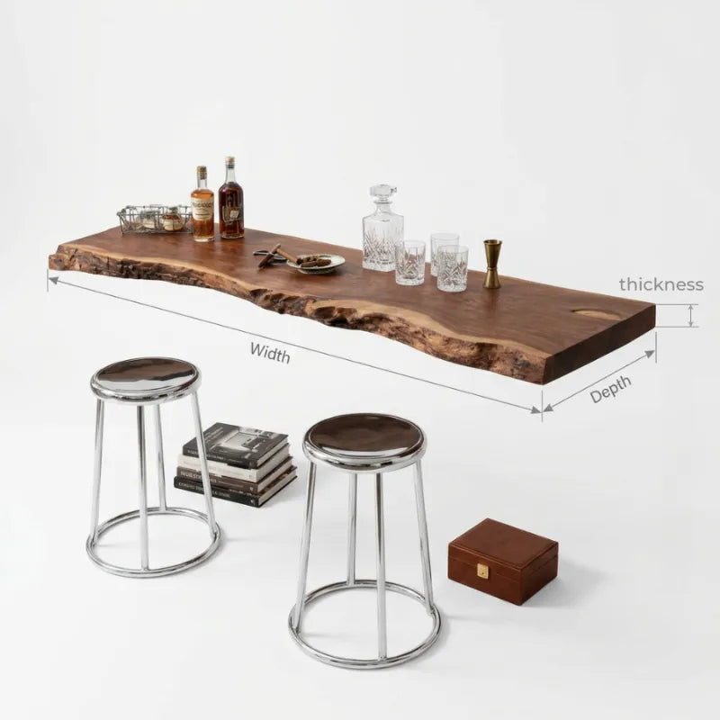 Live Edge Floating Bar Shelf - Handcrafted Solid Wood Wall Shelf for Whiskey & Glassware