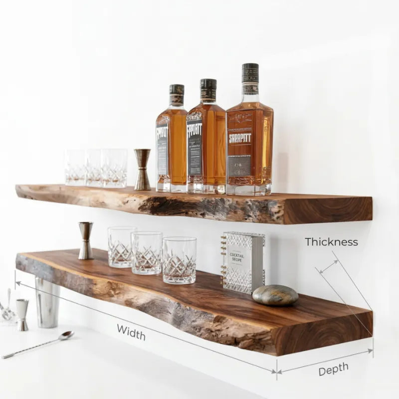 Live Edge Floating Bar Shelf - Handcrafted Whiskey & Glass Display