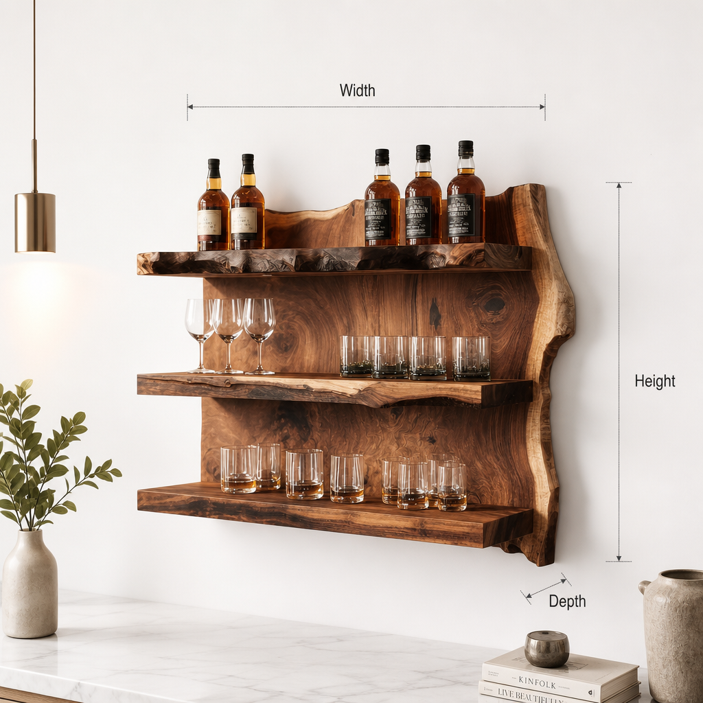 Live Edge Floating Bar Shelf – Handcrafted Solid Wood Wall Bar, Rustic Home Decor