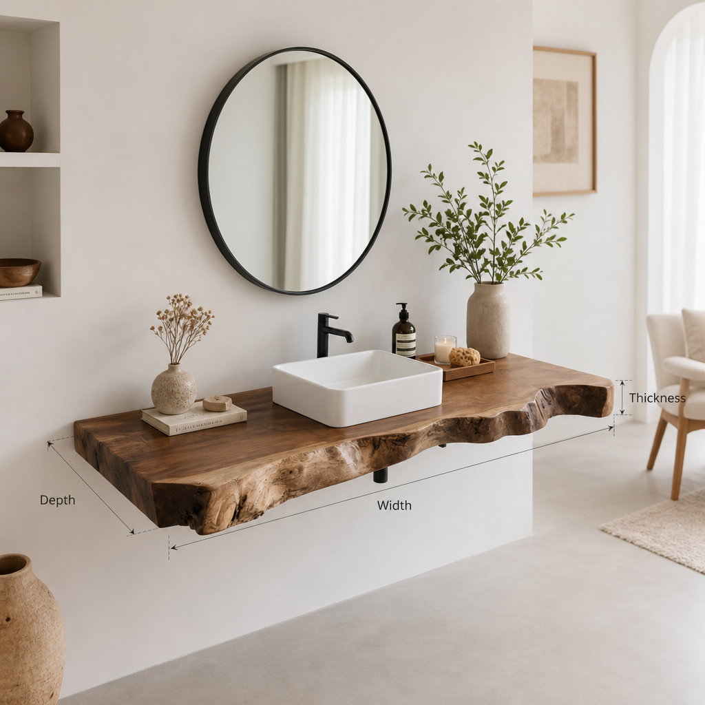 Sleek live edge floating bathroom vanity wall mounted shelf