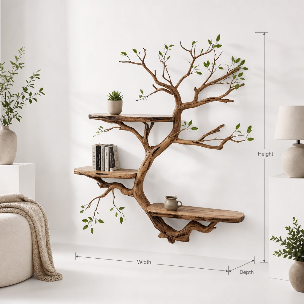 Live Edge Floating Bookshelf – Wall Mounted Solid Wood Driftwood Art Bookcase