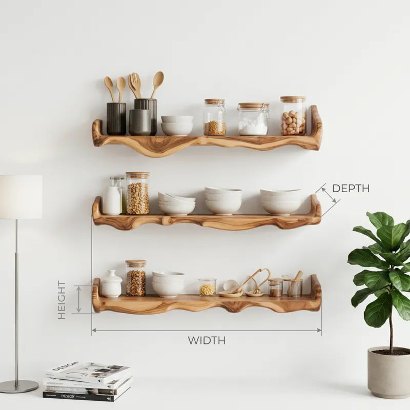 Live Edge Floating Kitchen Shelf - Handcrafted Solid Wood Straight Wall Shelf with Natural Edge