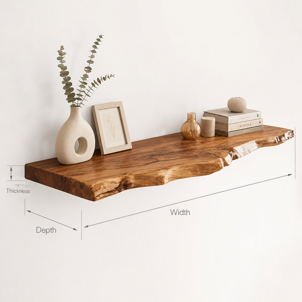 Live Edge Floating Kitchen Shelf – Solid Wood Wall-Mounted Storage