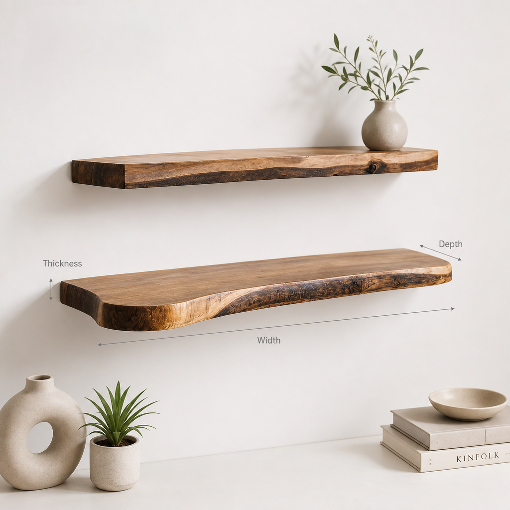 Live Edge Floating Kitchen Shelf – Solid Wood Wall-Mounted Storage