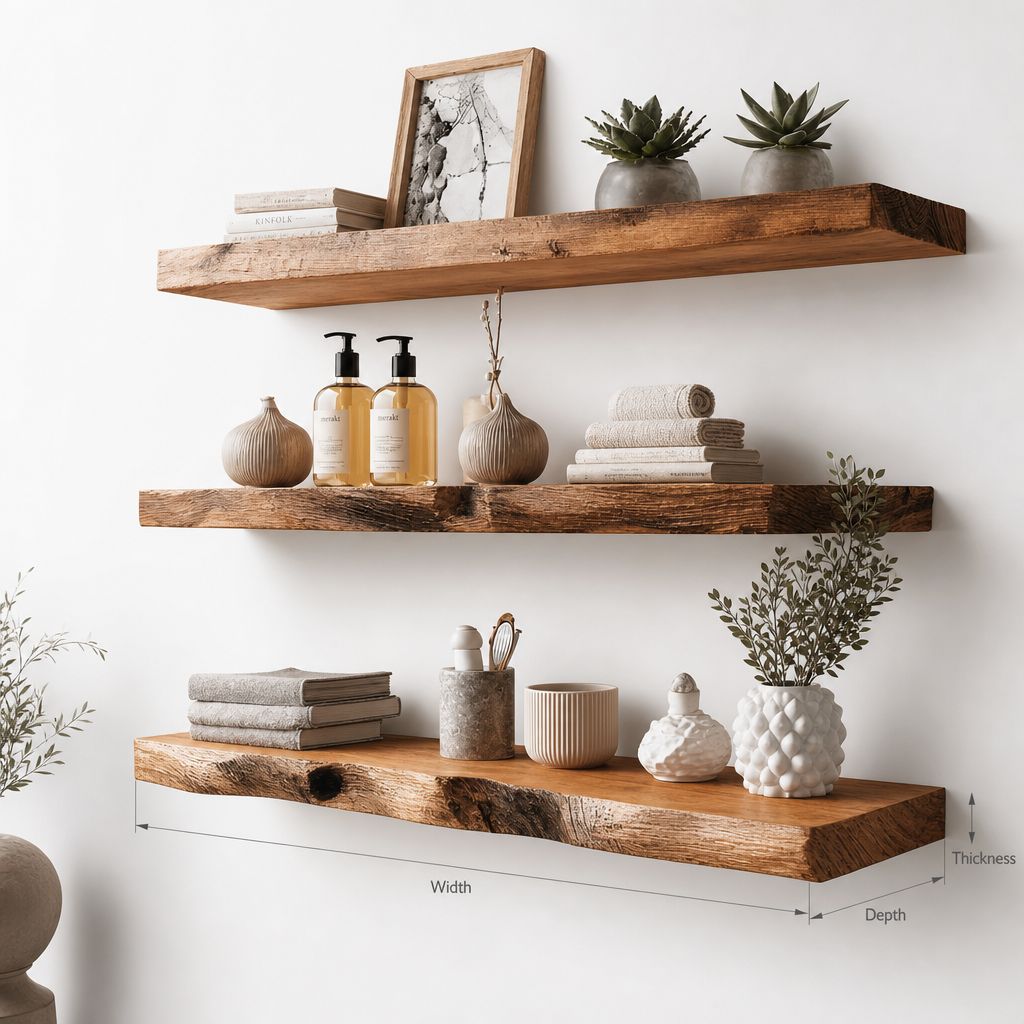 Live Edge Floating Shelves – Solid Wood Bathroom or Kitchen Wall Shelf Decor