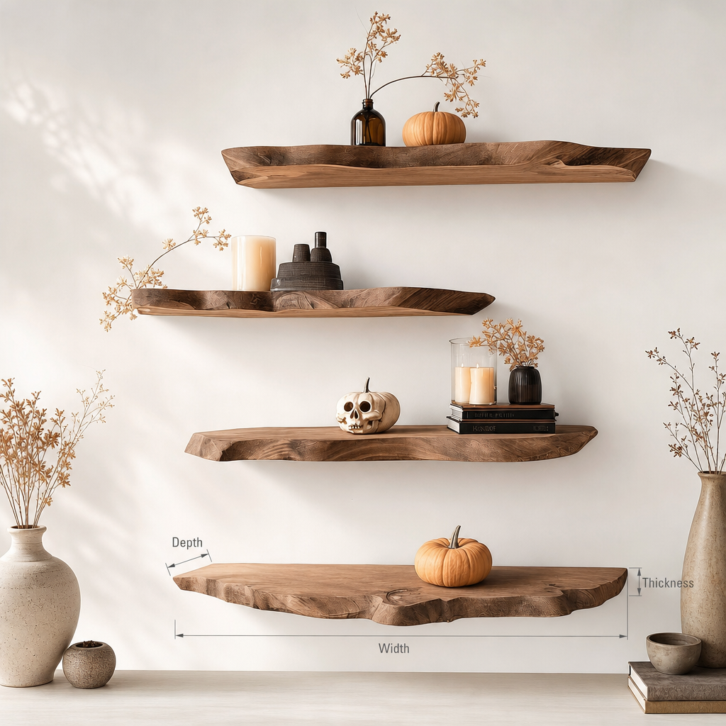 Live Edge Floating Shelves – Solid Wood Wall Shelf for Rustic Kitchen or Home Bar Decor