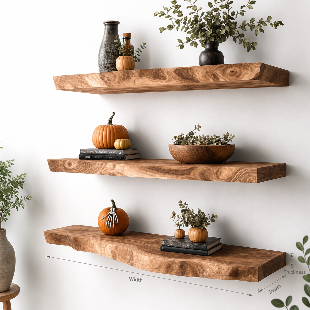 Live Edge Floating Shelves – Solid Wood Wall Shelf for Rustic Kitchen or Home Bar Decor