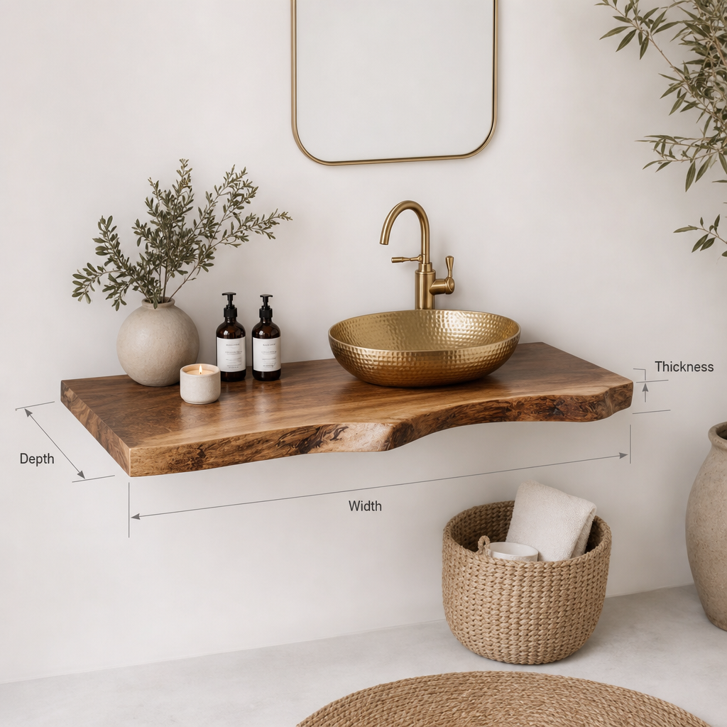 Live Edge Floating Vanity Shelf – Rustic Solid Wood Bathroom Organizer