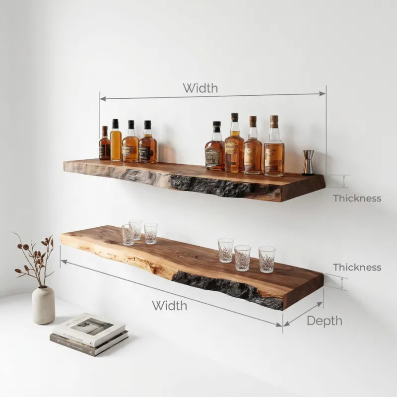 Live Edge Floating Whiskey Shelf - Handcrafted Solid Wood Wall Shelves for Bar Display | Rustic Industrial Style