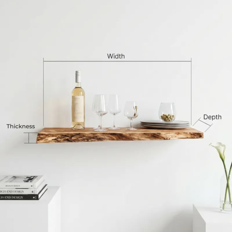 Live Edge Floating Wine Shelf - Handcrafted Solid Wood Wall Shelf for Wine & Glassware Display