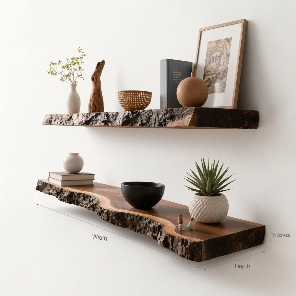 Live Edge Floating Wood Shelf – Handcrafted Solid Wood Wall Shelving