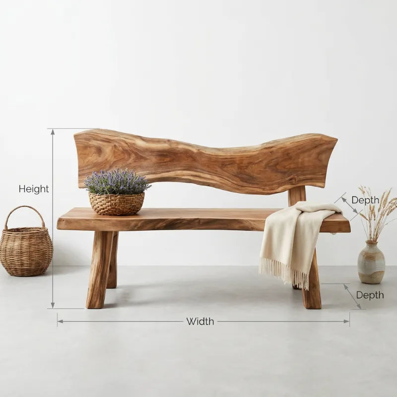 Live Edge Garden Bench with Backrest - Solid Wood Outdoor Patio Seating