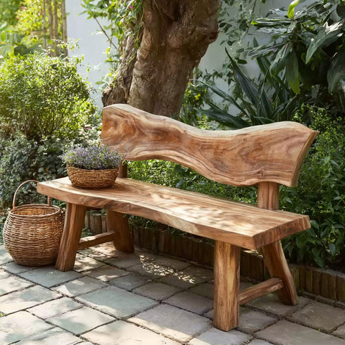 Live Edge Garden Bench with Backrest - Solid Wood Outdoor Patio Seating