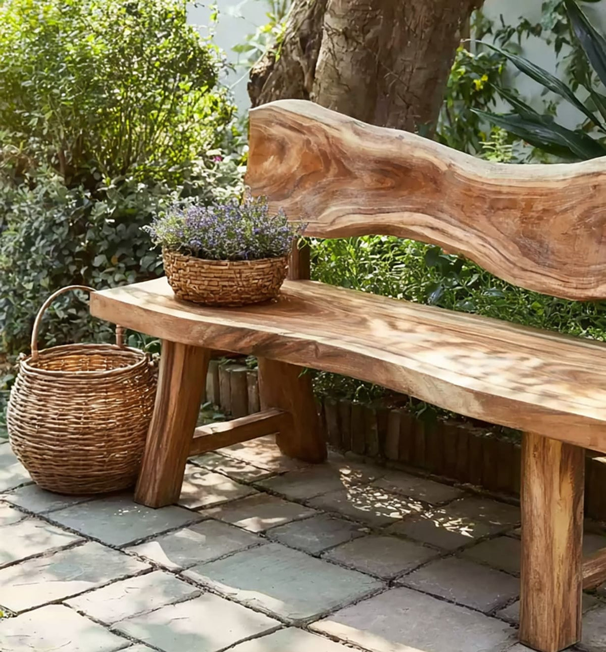 Solid wood outdoor bench featuring natural live edge details and an integrated backrest