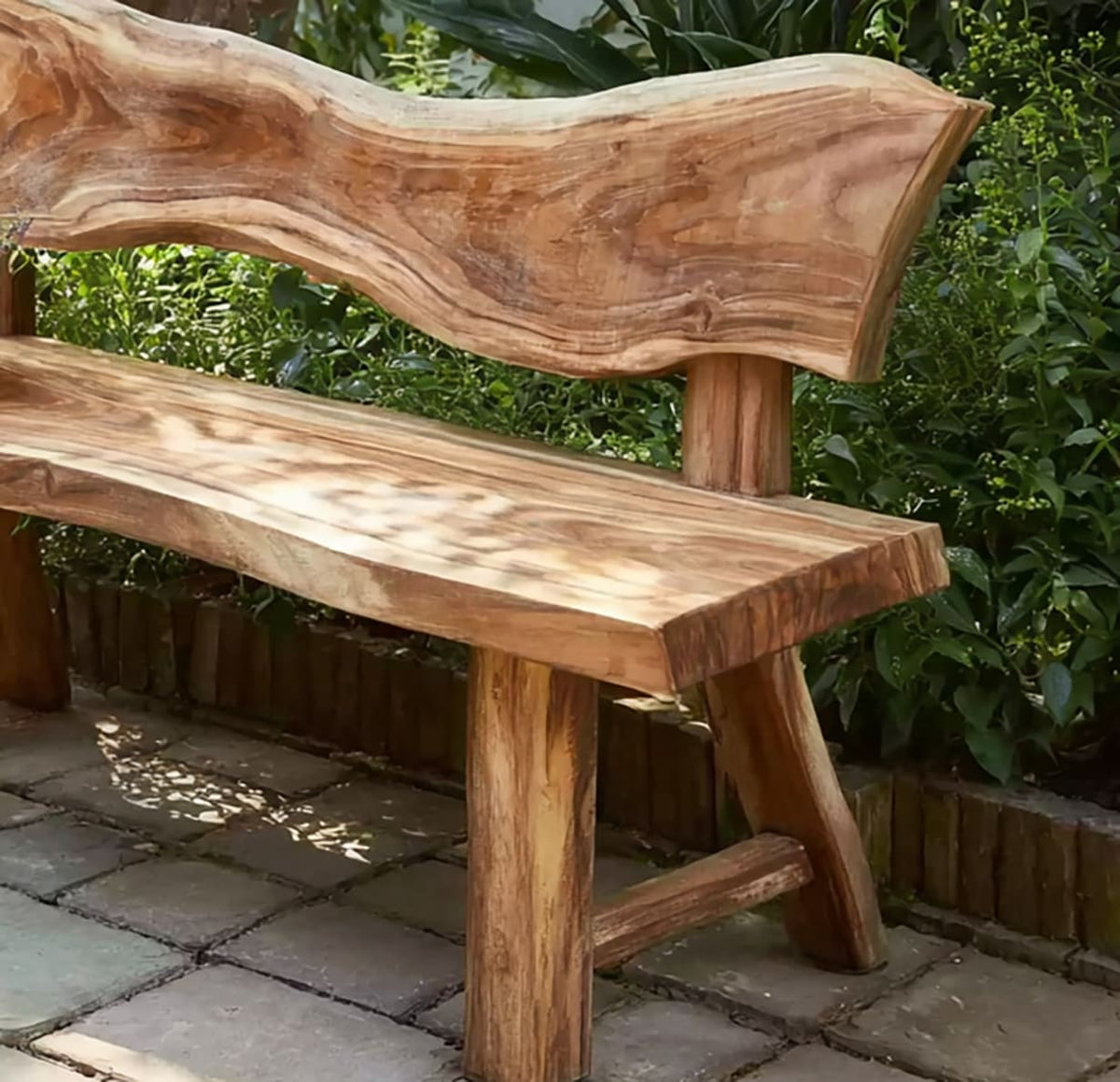 Solid wood outdoor bench featuring natural live edge details and an integrated backrest
