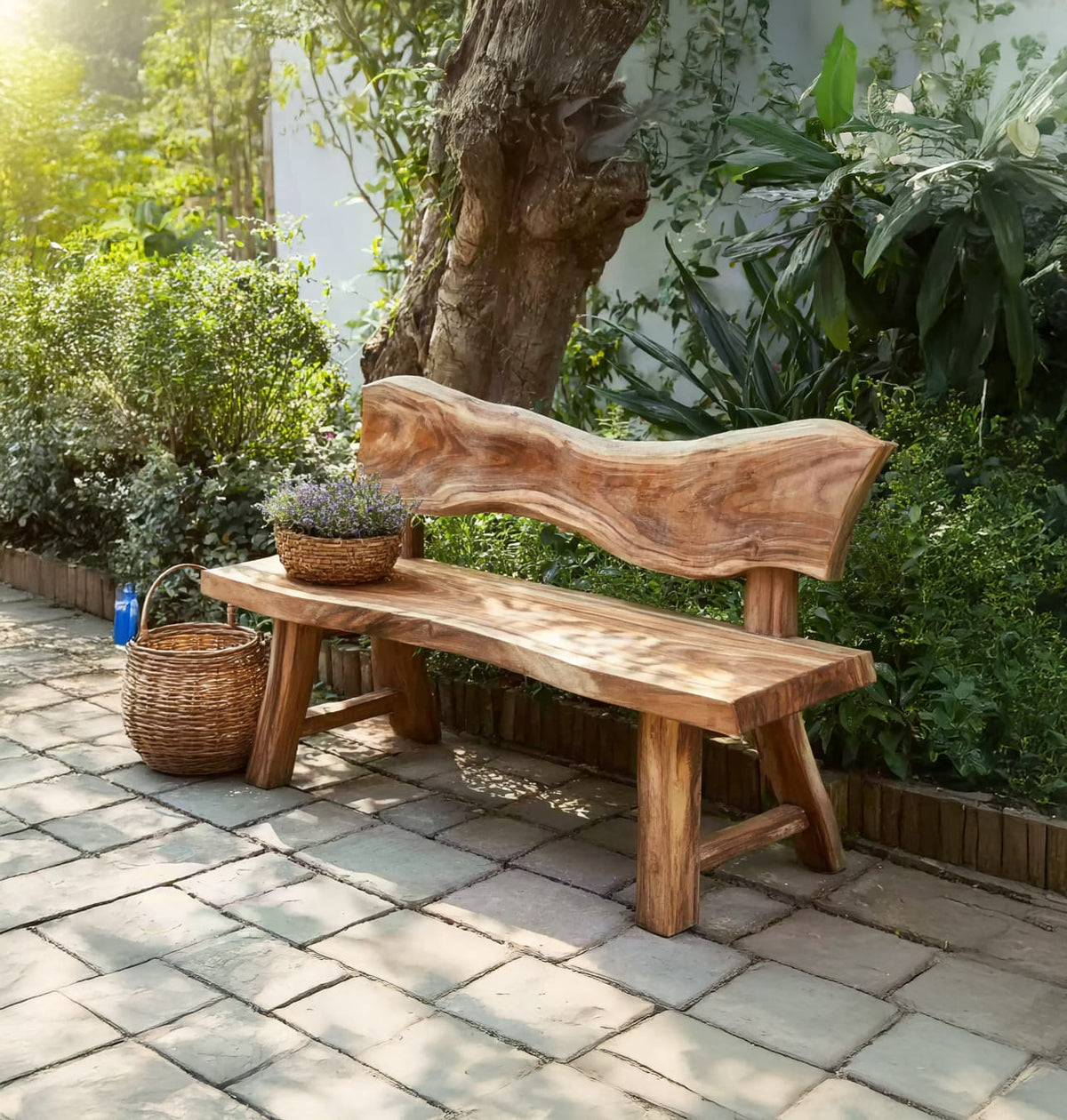 Solid wood outdoor seating displayed beside a garden path in a contemporary backyard