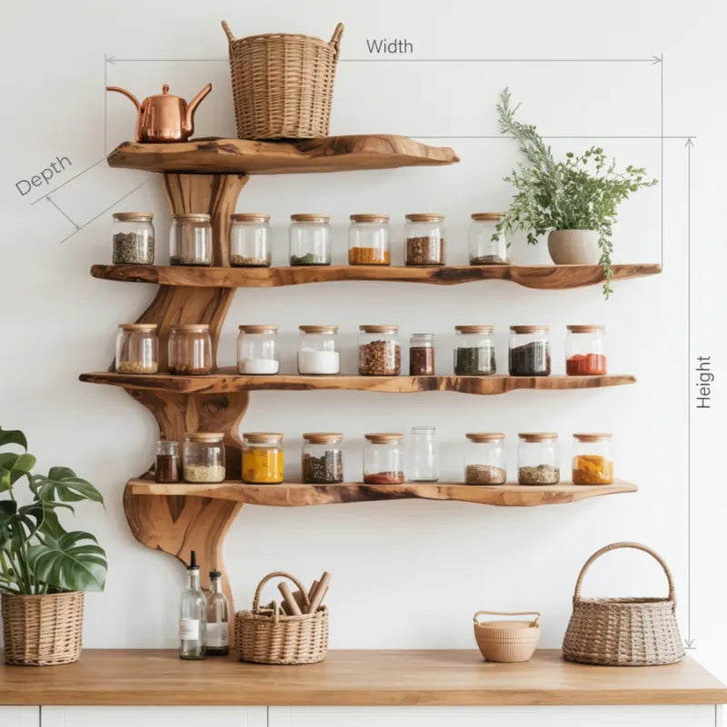 Live Edge Multi-Tier Kitchen Spice Shelf - Handcrafted Solid Wood Wall-Mounted Display Rack with Organic Tree Bracket
