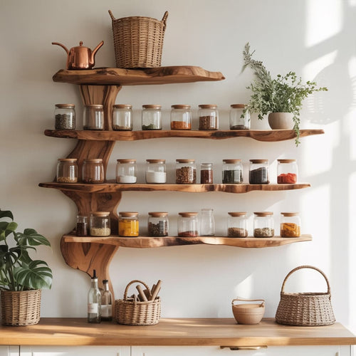 Live Edge Multi-Tier Kitchen Spice Shelf - Handcrafted Solid Wood Wall-Mounted Display Rack with Organic Tree Bracket