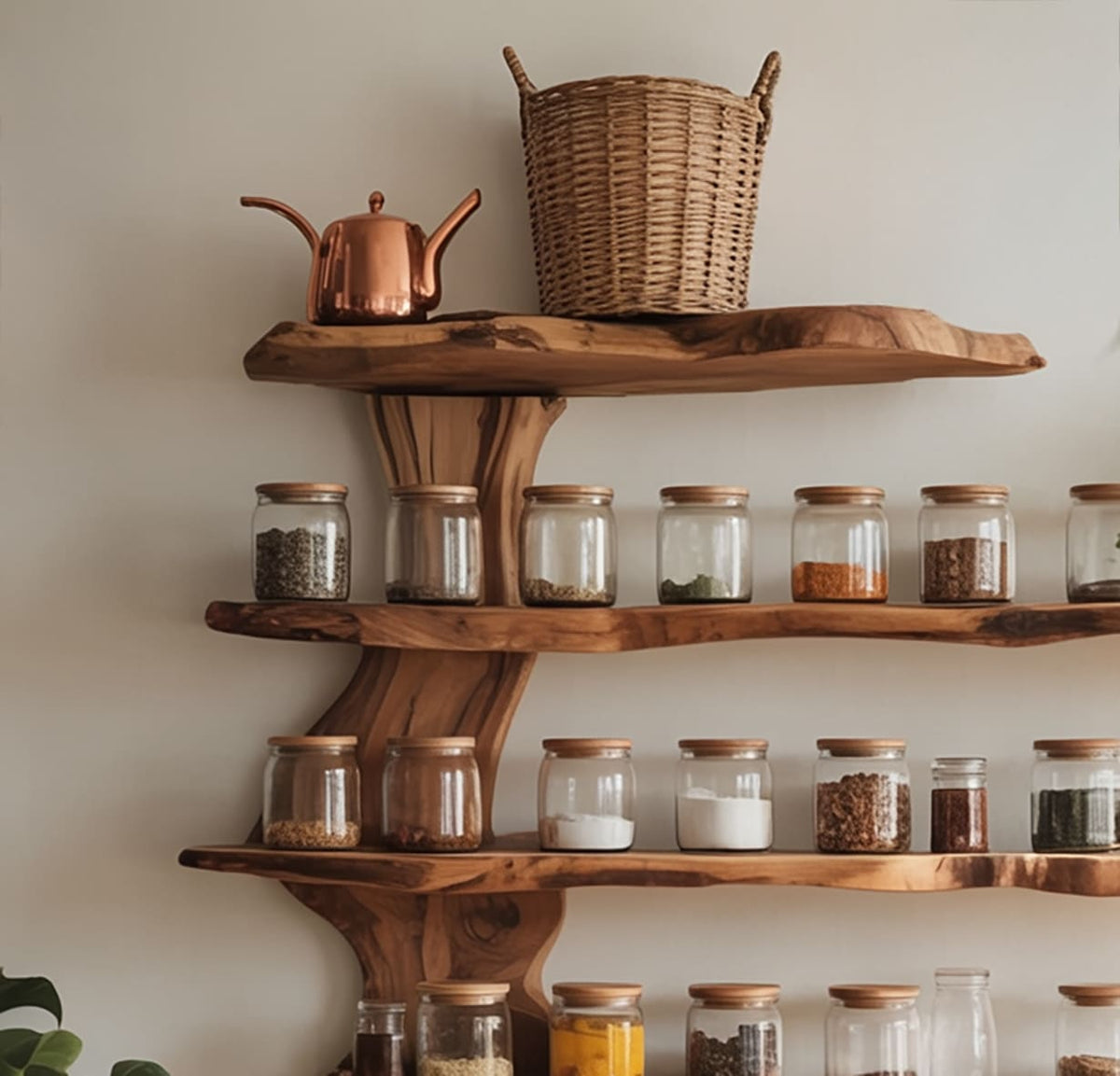 Multi-tier solid wood display rack with live edge design