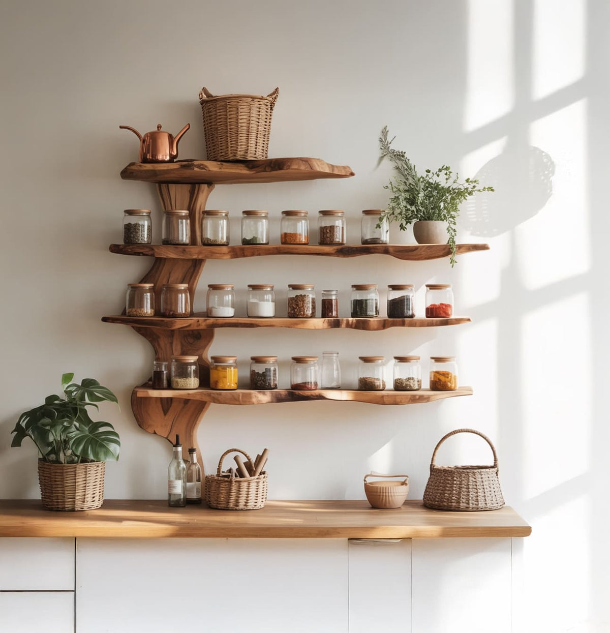 Handcrafted multi-tier wooden spice rack displaying seasonings in a farmhouse kitchen