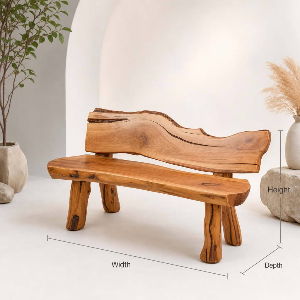 Rustic live edge outdoor wooden bench with backrest handcrafted for patio