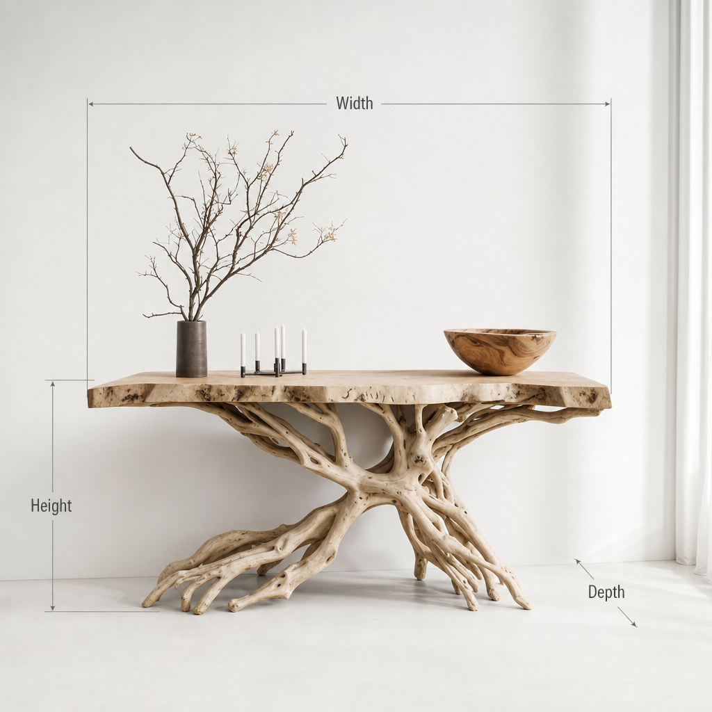 Live Edge Root Console Table – Handcrafted Natural Wood Entryway Table with Sculptural Base