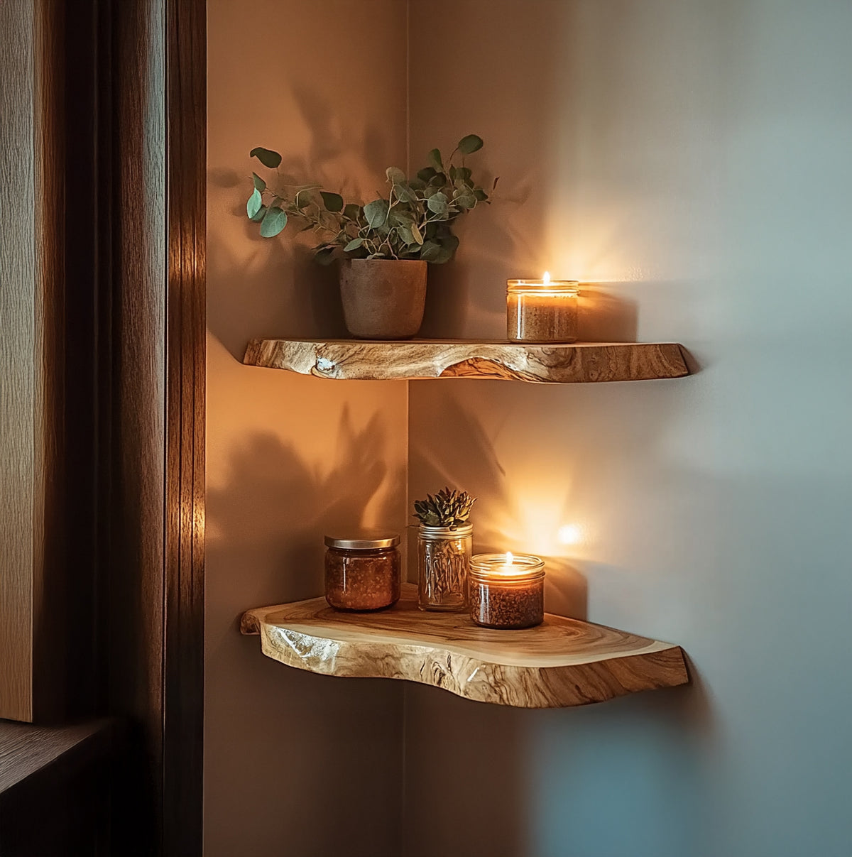 Live edge floating corner shelf with rustic wood design