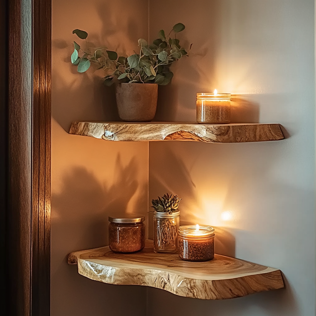 Handmade corner shelf for modern rustic interiors