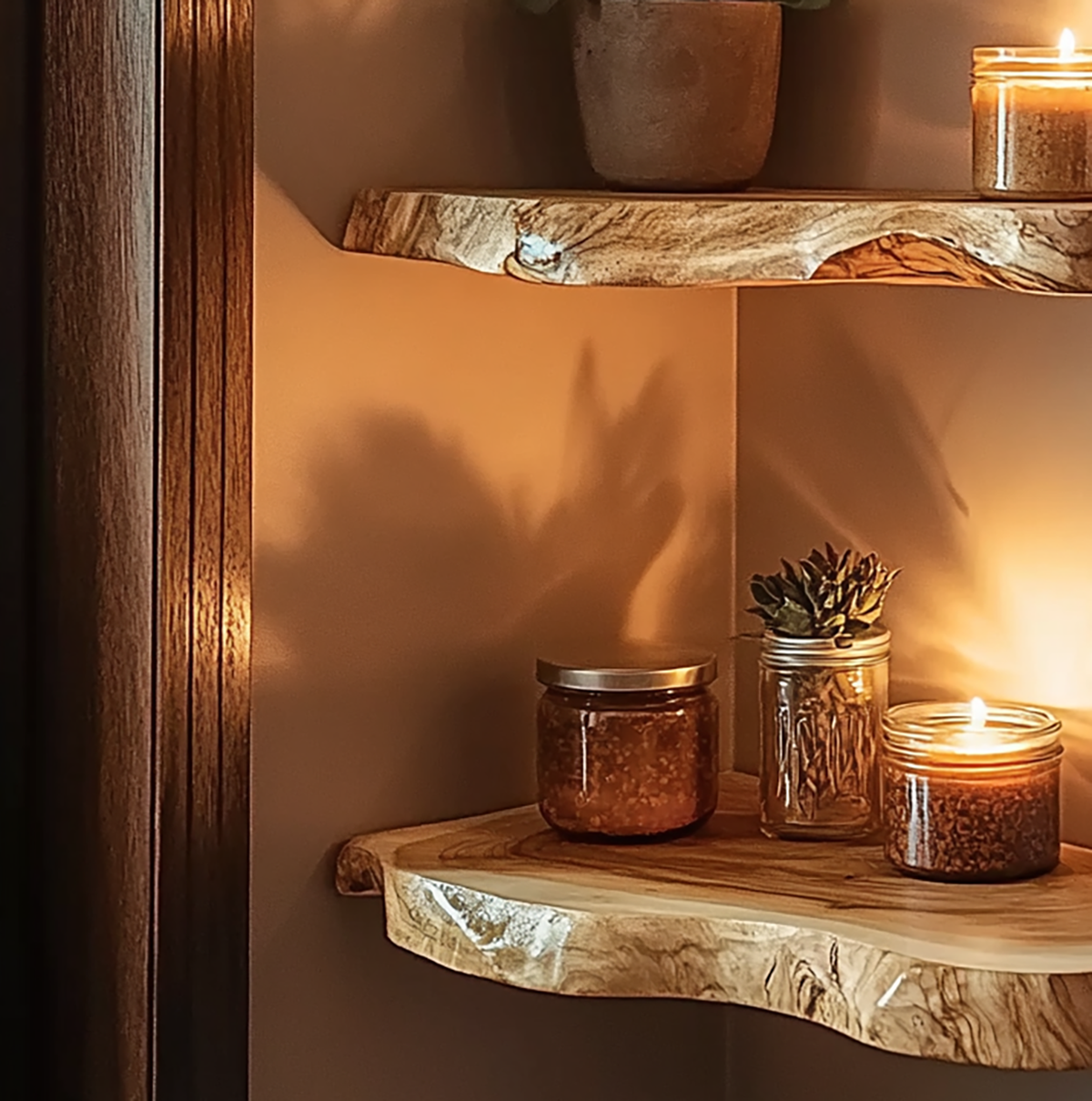 Floating corner wall shelf made from natural live edge wood