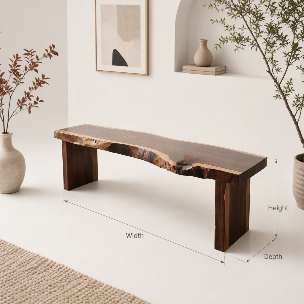 Handmade rustic live edge solid wood bench used as entryway table