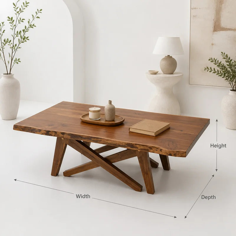 Live Edge Solid Wood Coffee Table With X-Base – Organic Modern Rustic Centerpiece