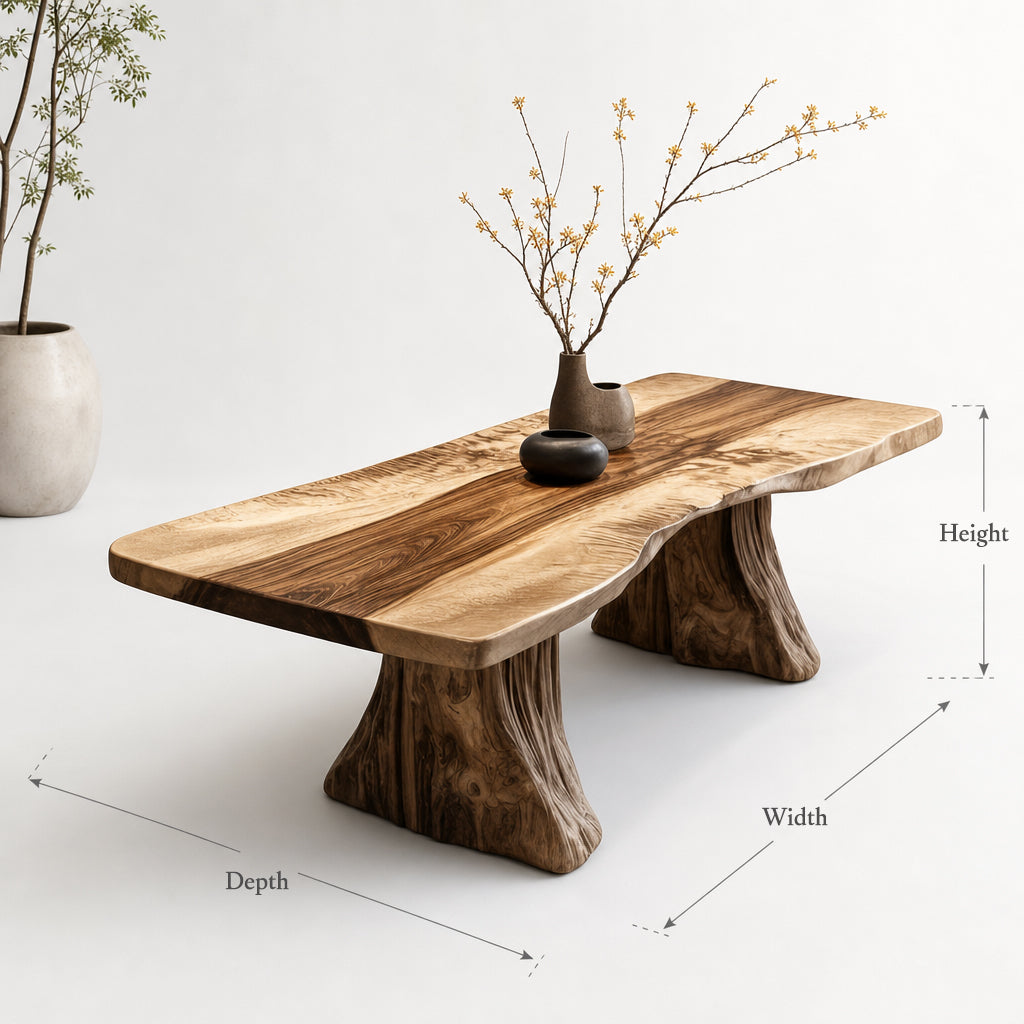 Live Edge Solid Wood Coffee Table with Natural Tree Trunk Base – Organic Modern Table