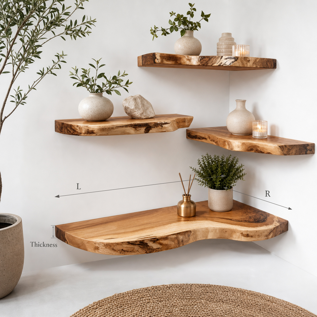 Live Edge Solid Wood Corner Floating Shelf – Handcrafted Rustic Wall Shelf