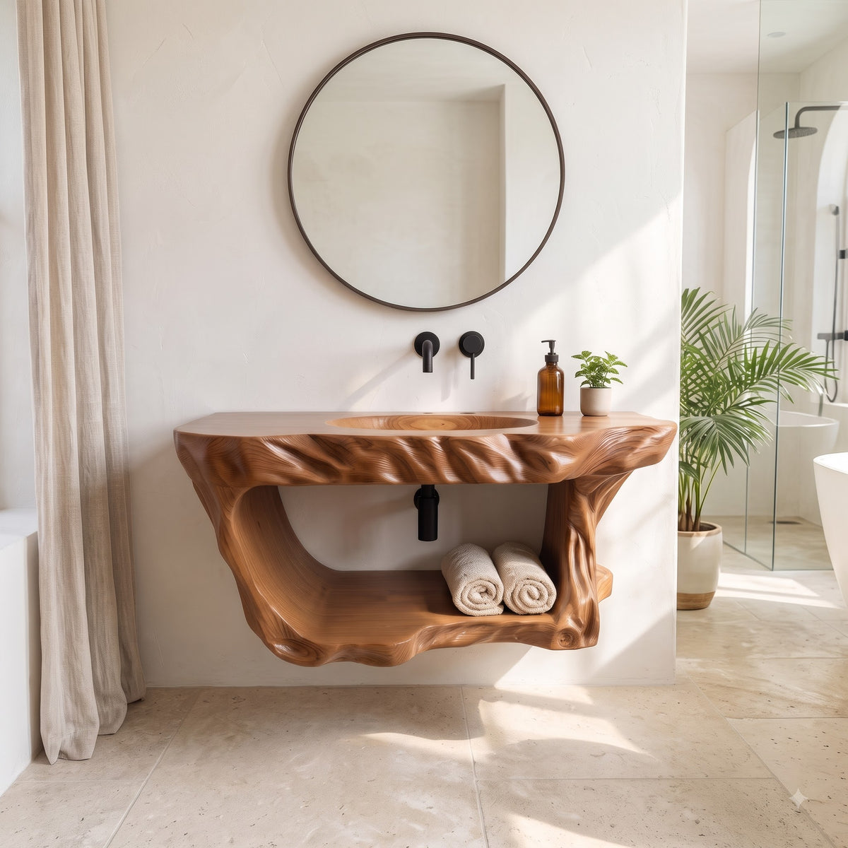 Live Edge Solid Wood Floating Bathroom Vanity – Organic Sculptural Masterpiece