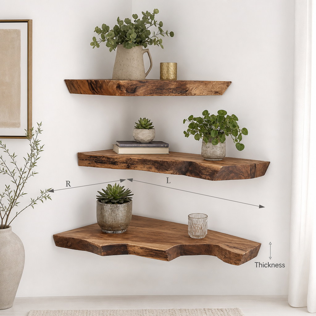 Live Edge Solid Wood Floating Corner Shelf – Handcrafted Driftwood Wall Shelf