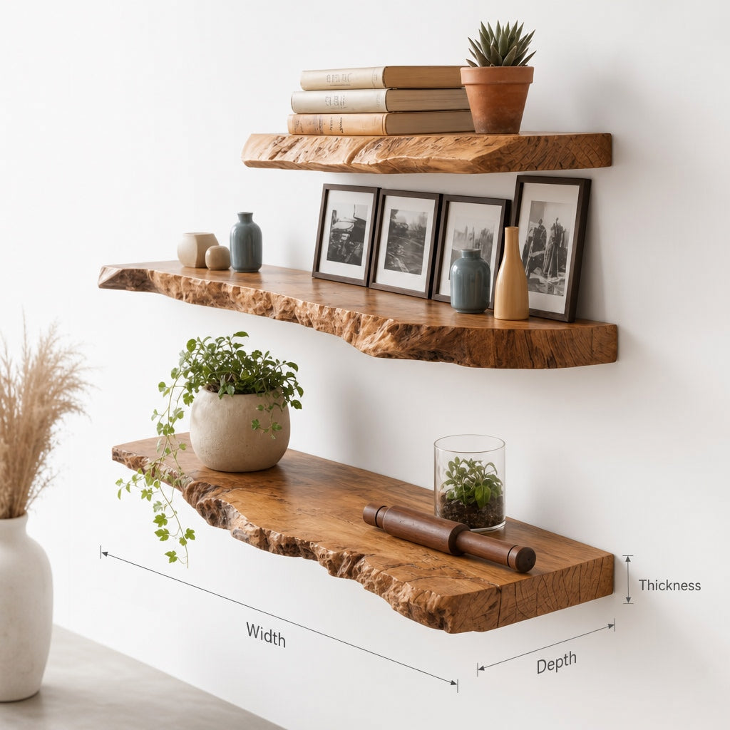 Live Edge Solid Wood Floating Shelf - Handcrafted Organic Wall Shelf