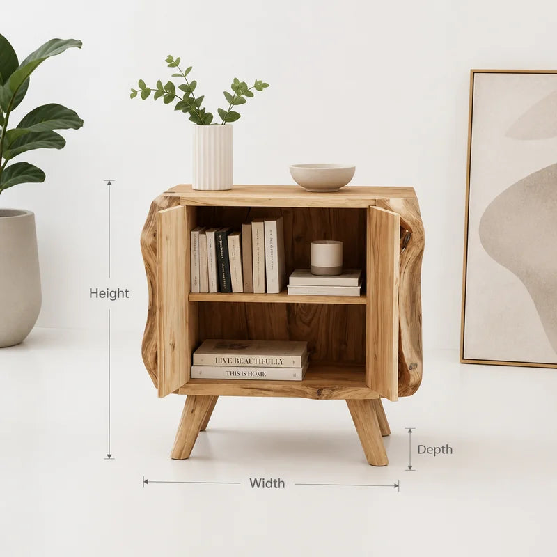 Live Edge Solid Wood Sculptural Nightstand with Cabinet