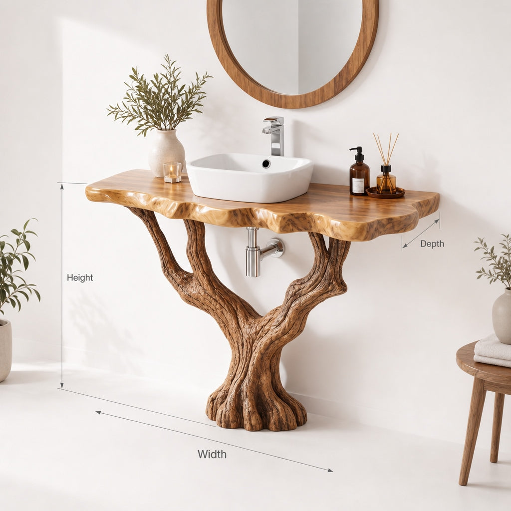 Live Edge Solid Wood Tree Base Vanity – Sculptural Bathroom Console