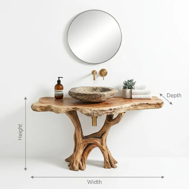 Live Edge Solid Wood Tree Trunk Vanity – Sculptural Natural Wood Bathroom Console