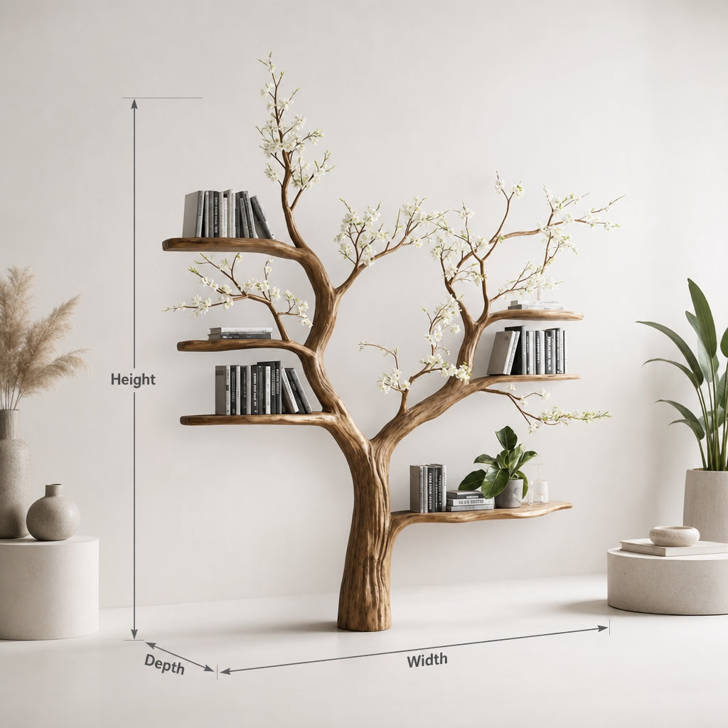 Live Edge Tree Bookcase – Elegant Floral Branch Shelf for Home Decor