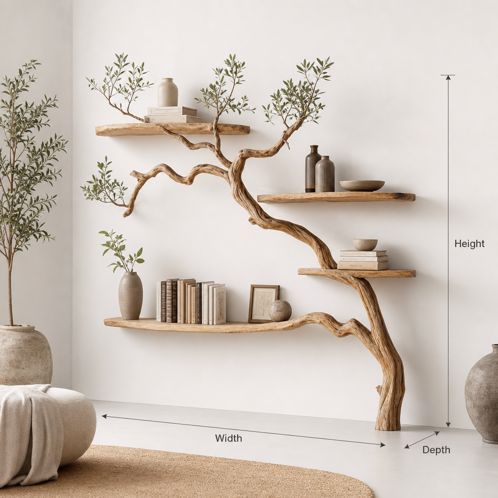 Solid wood tree bookshelf with natural live edge tree branch tiers