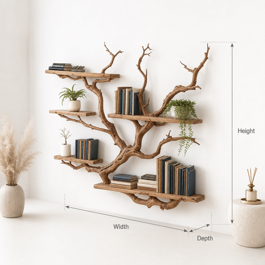 Live Edge Tree Branch Bookshelf – Handmade Wooden Wall Shelf for Rustic Home Decor