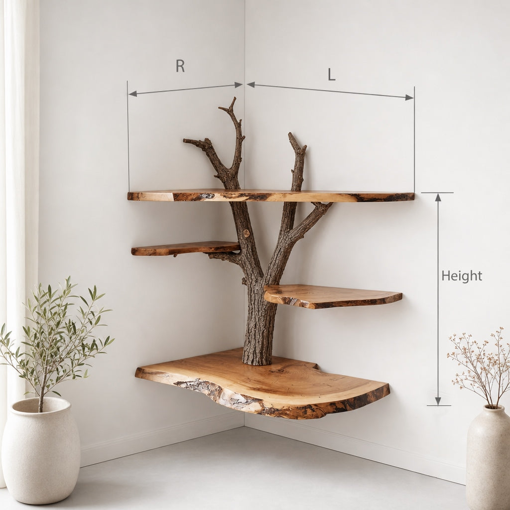 Live Edge Tree Branch Corner Shelf – Handcrafted Solid Wood Floating Shelf
