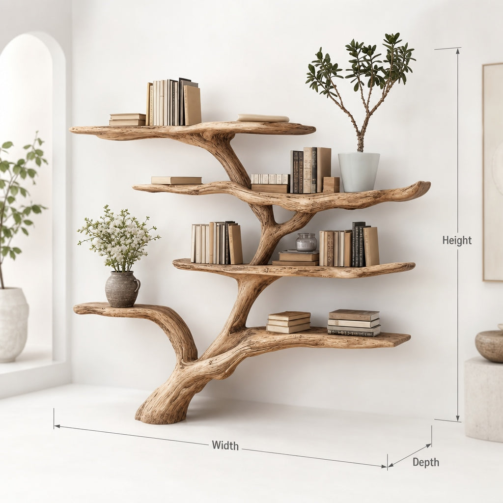 Live Edge Tree Branch Shelf – Handmade Wooden Bookcase, Rustic Decor